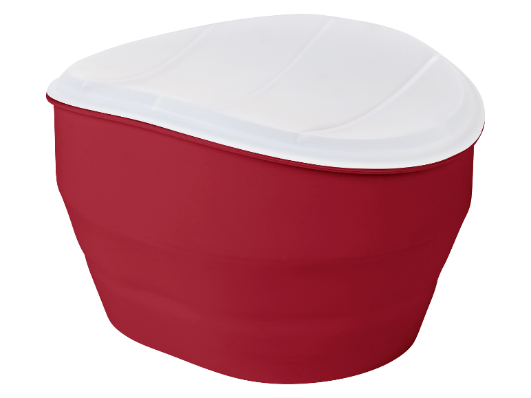 Ein roter Plastikbehälter mit weißem Deckel.