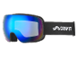 Skibrille mit blau verspiegelten Gläsern und schwarzem Band mit weißem Logo.