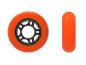 Orangefarbene Rollen für Rollschuhe, Vorder- und Seitenansicht.