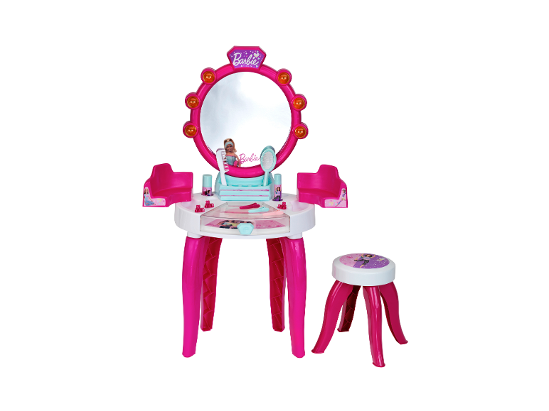 Rosa-weißer Barbie Schminktisch mit Hocker und Schönheitszubehör.