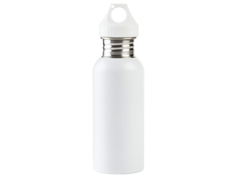 Eine weiße Wasserflasche mit silbernem Deckel.