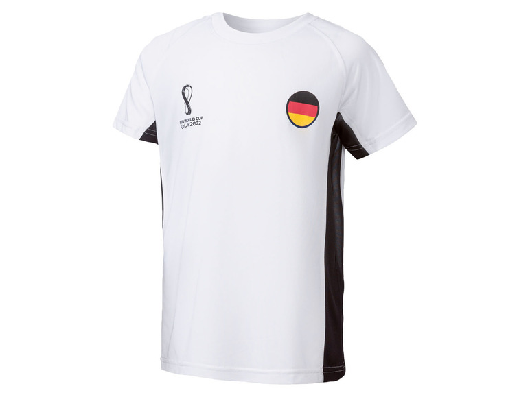 Weißes Fußballtrikot mit der deutschen Flagge und dem FIFA World Cup 2022 Logo.