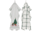 Zwei weiße Geschirrtücher: eines mit Weihnachtsbaum auf Schlitten, eines mit grünem Karomuster.