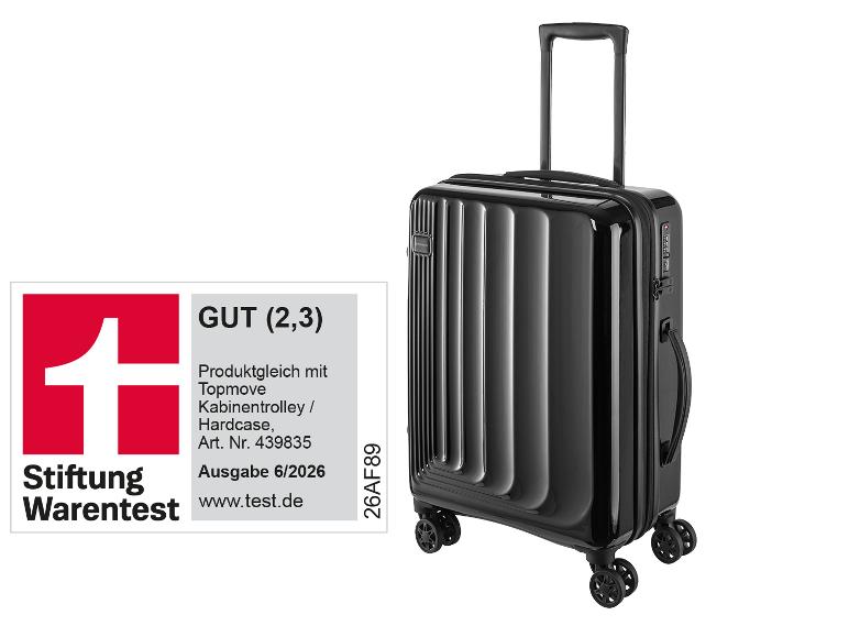 Schwarzer Rollkoffer mit einem „GUT (2,3)“ Qualitätssiegel von Stiftung Warentest.