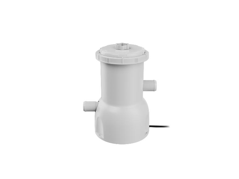 Weiße Poolfilterpumpe mit schwarzem Netzkabel.