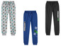 Drei Minecraft Jogginghosen: grau mit Spitzhacken, blau mit Logo und schwarz mit Creeper.