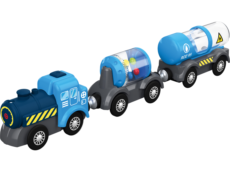 Blauer Spielzeugzug mit Lokomotive und zwei Tankwagen, einer mit bunten Kugeln und einer mit der Aufschrift ROZ 95.