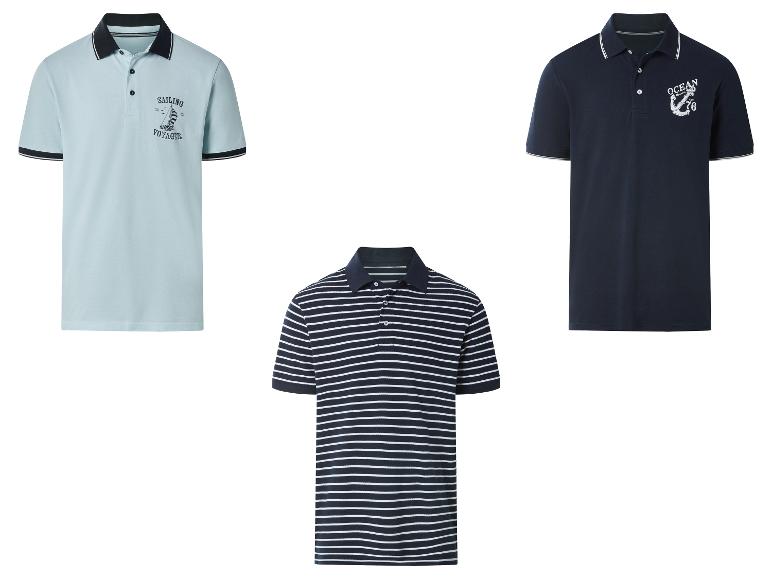 Drei Herren-Poloshirts: hellblau mit Segelmotiv, dunkelblau mit Anker und gestreift.