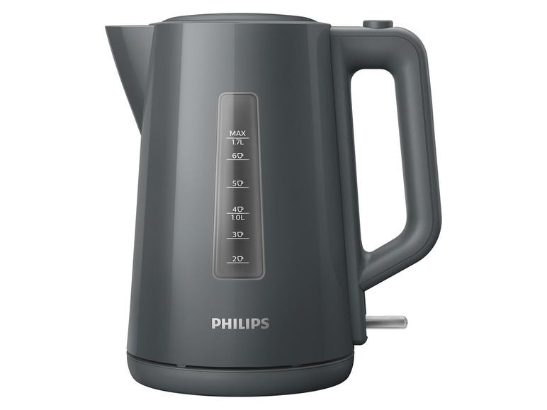 Ein grauer Wasserkocher von Philips.