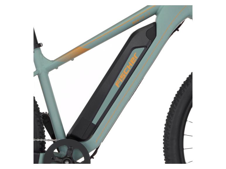 Grünes E-Mountainbike mit integriertem Akku und Schriftzug 