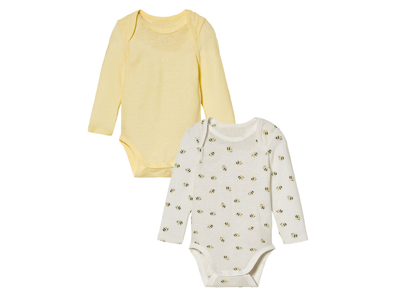 Zwei Baby-Bodys, einer gelb und einer mit Bienen-Print.
