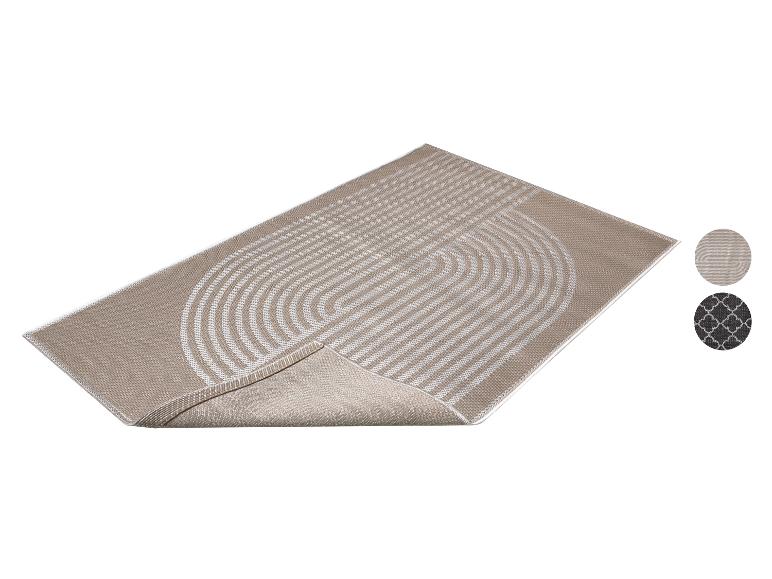 Beiger Teppich mit geometrischem Streifen- und Kreismuster, mit zusätzlichen Musterbeispielen.
