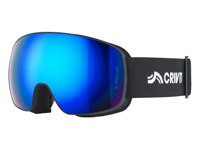 Skibrille mit blauen Spiegelgläsern und schwarzem Band mit weißem Logo.