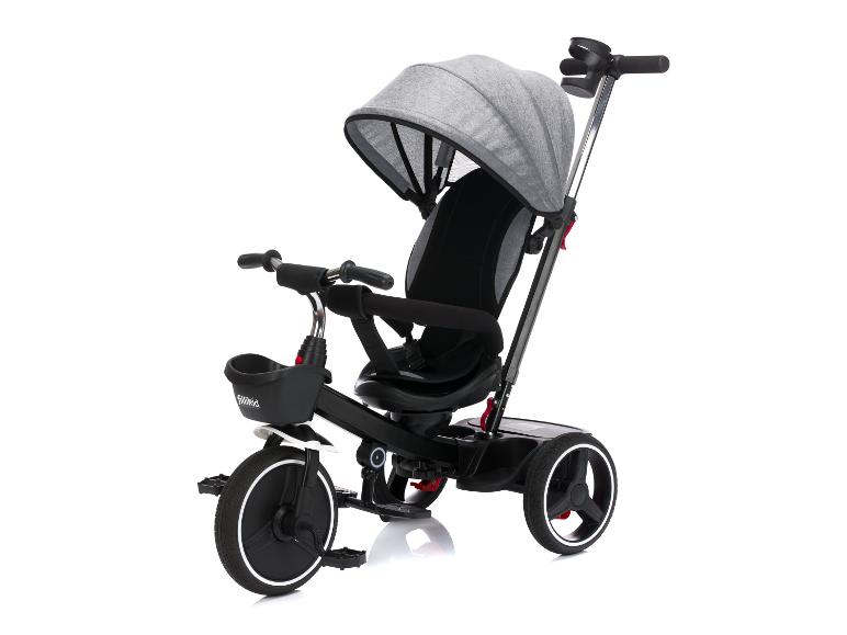 Kinderdreirad mit grauem Verdeck und schwarzem Sitz, mit Elterngriff.