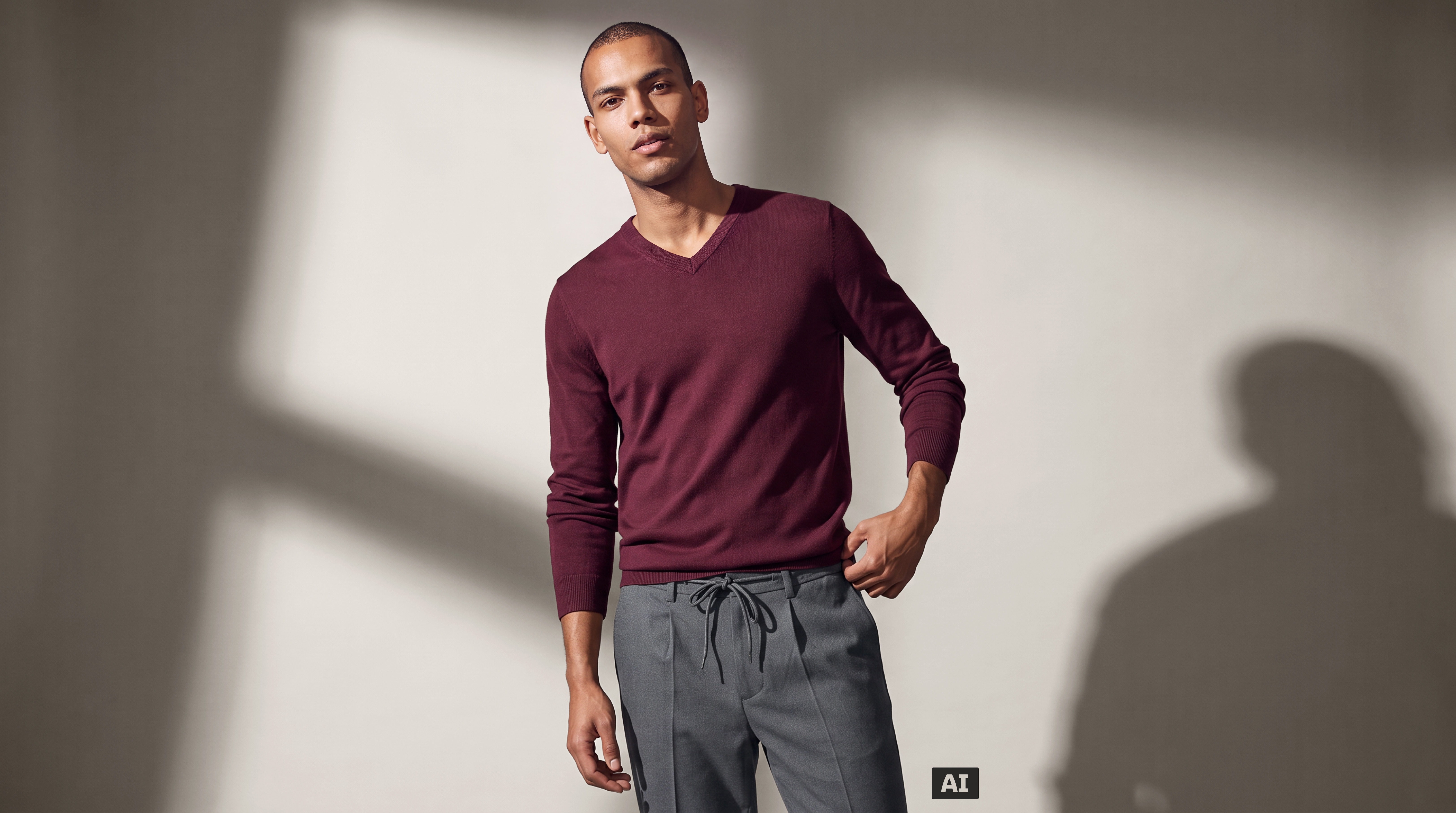  Dieses Bild ist KI-generiert: Ein männliches Model trägt den Pullover in der Farbe Bordeaux.