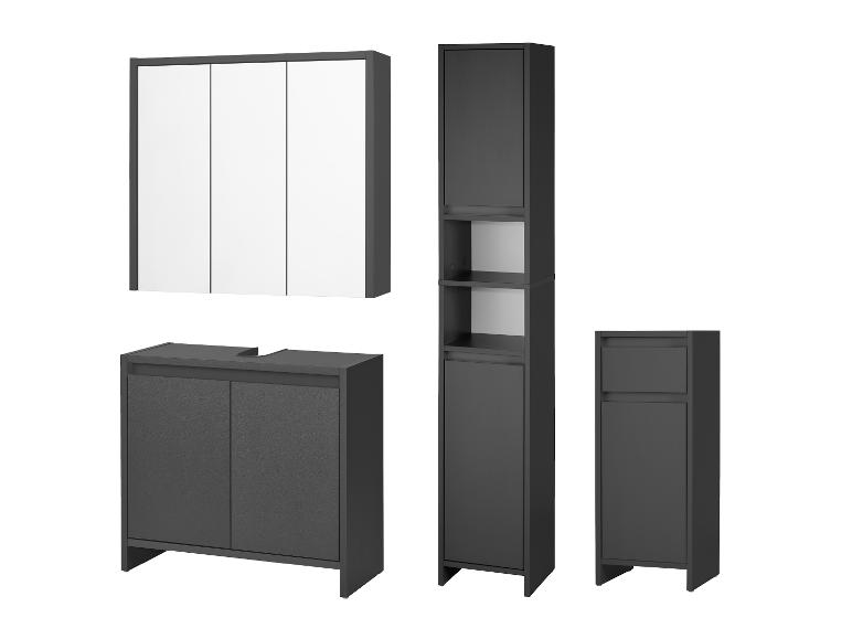 Badezimmermöbel-Set in Anthrazit, bestehend aus einem Waschbeckenunterschrank, einem Spiegelschrank und zwei Hochschränken.