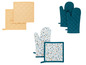 Ofenhandschuhe und Topfuntersetzer in unifarben und Terrazzo-Muster.