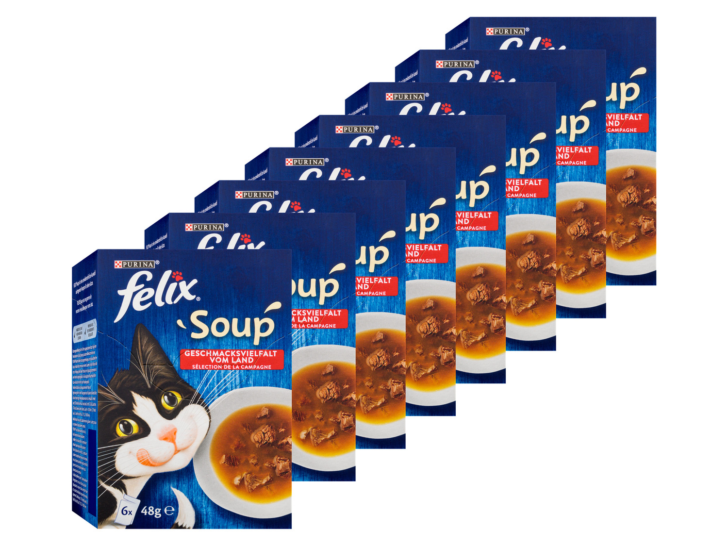 FELIX Soup Geschmacksvielfalt vom Land mit Rind Huhn Lamm Katzennassfutter (8 x 6 Beutel à 48g)