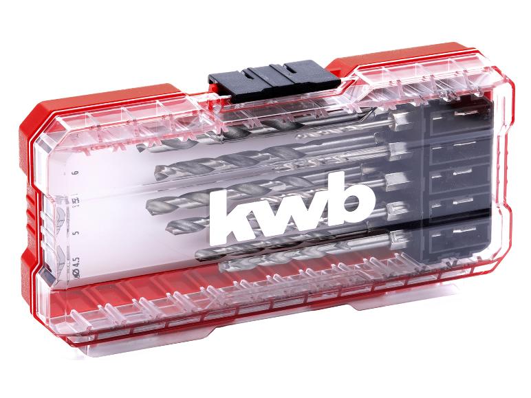 Bohrer- und Bit-Set in einer transparenten roten Box mit schwarzem Verschluss.