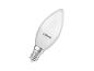 Weiße LED-Kerzenlampe mit E14-Sockel und dem Schriftzug „OSRAM“.