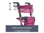 Ein pinkfarbener Rollator mit verstellbaren Griffen und einer Tasche.