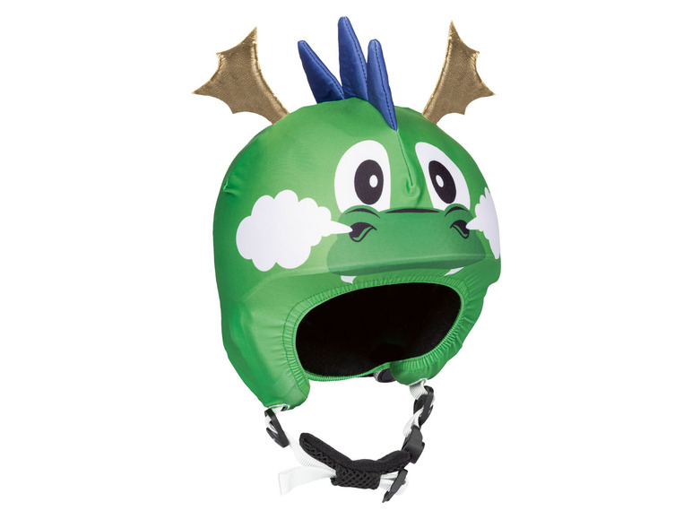 Ein grüner Drachenhelm mit goldenen Hörnern für Kinder.