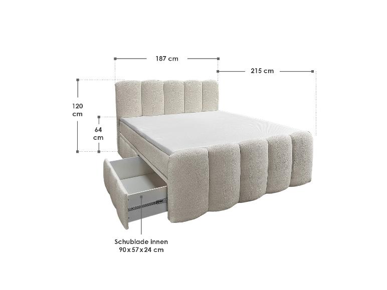 Bett mit Kopfteil und Schublade, Maße 187x215x120 cm, Schublade 90x57x24 cm.