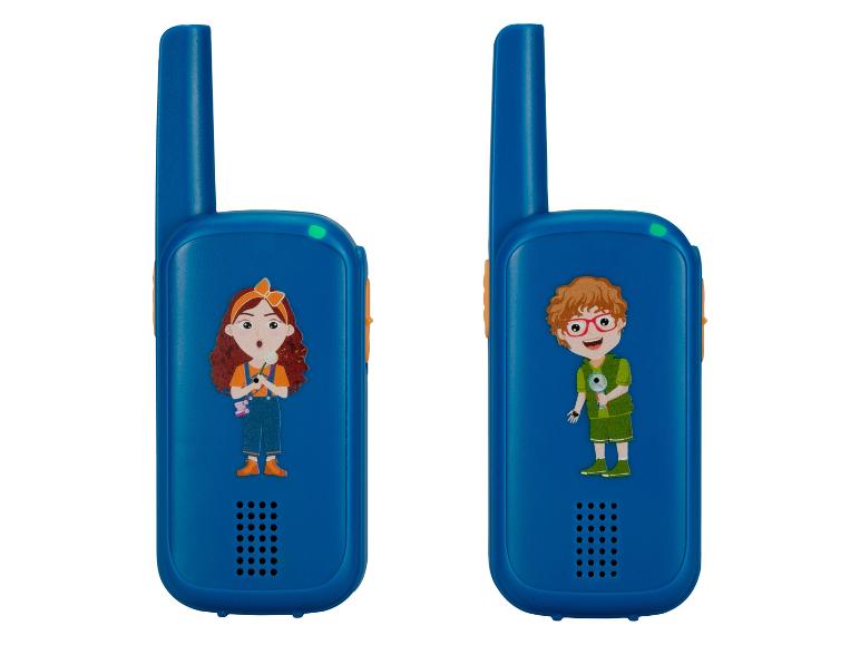 Zwei blaue Walkie-Talkies mit Kinderillustrationen, eines mit einem Mädchen und eines mit einem Jungen.