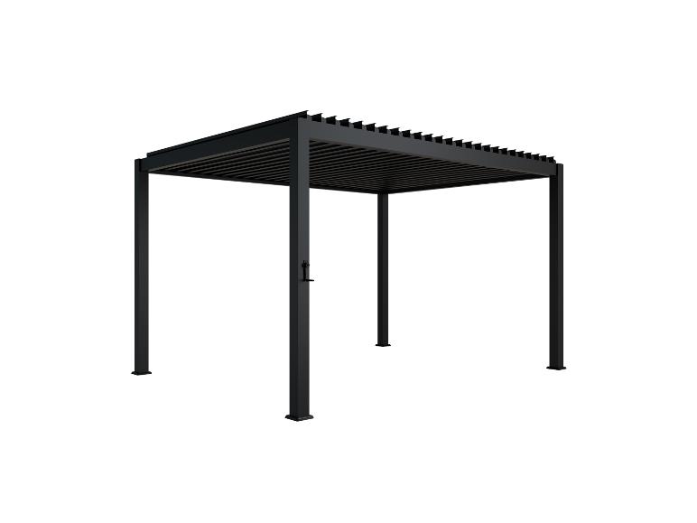 Schwarze Pergola mit verstellbaren Lamellen auf weißem Hintergrund.