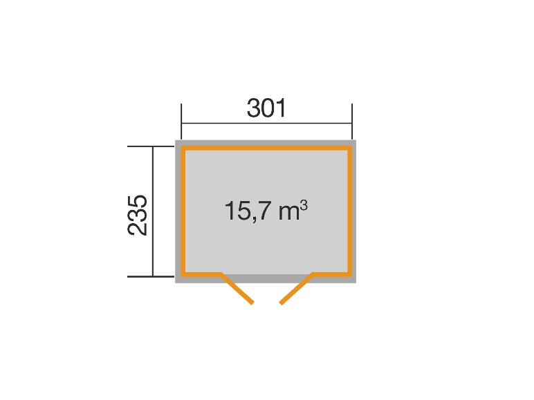 Grundriss mit Abmessungen 301x235 und einem Volumen von 15,7 m³.