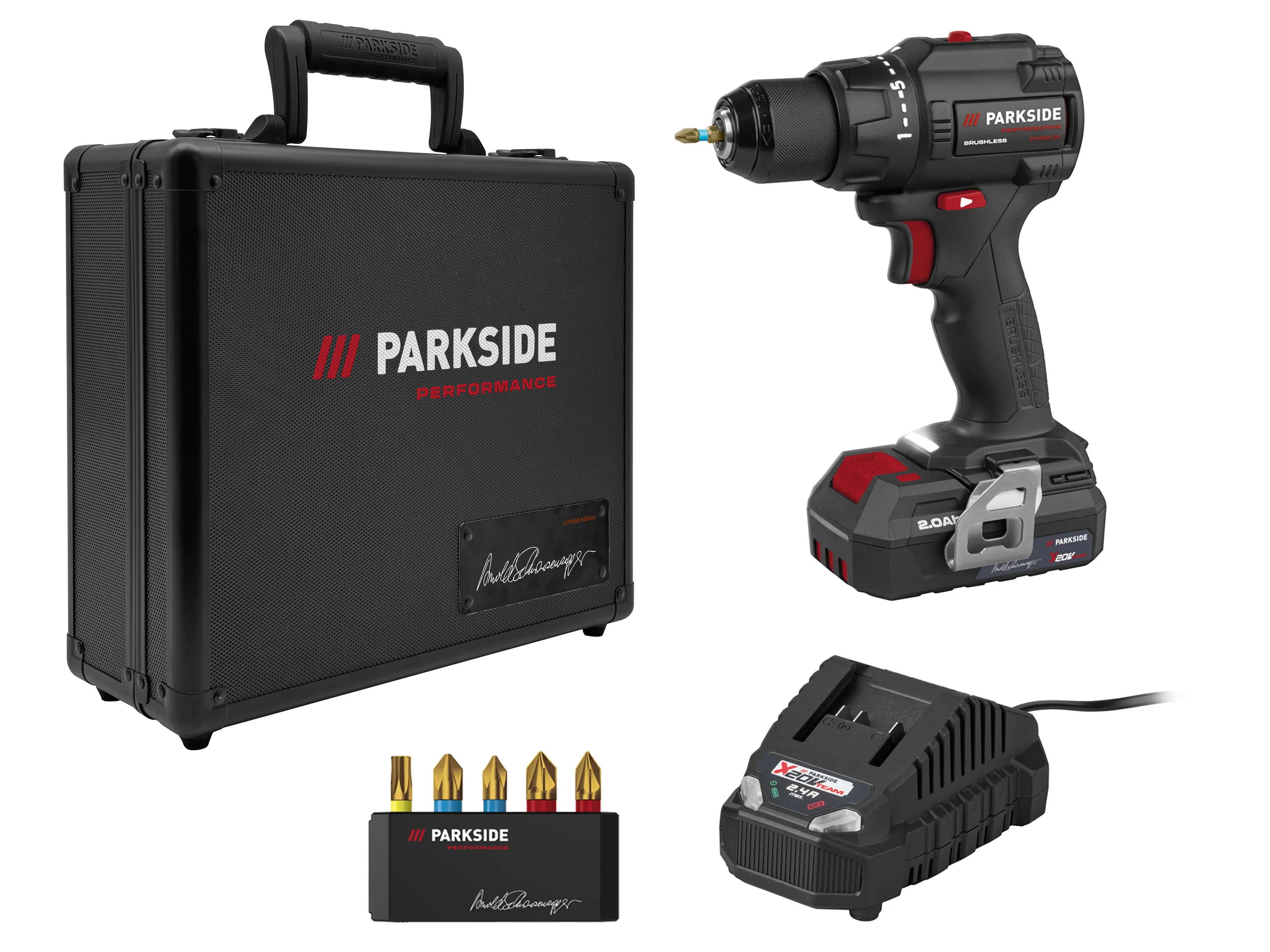 PARKSIDE PERFORMANCE&reg; 20V Weltrekord Akku-Bohrschrauber &raquo;PPABSS 20 Li A1 - Arnold Schwarzenegger&laquo;, mit Akku und Ladeger&auml;t