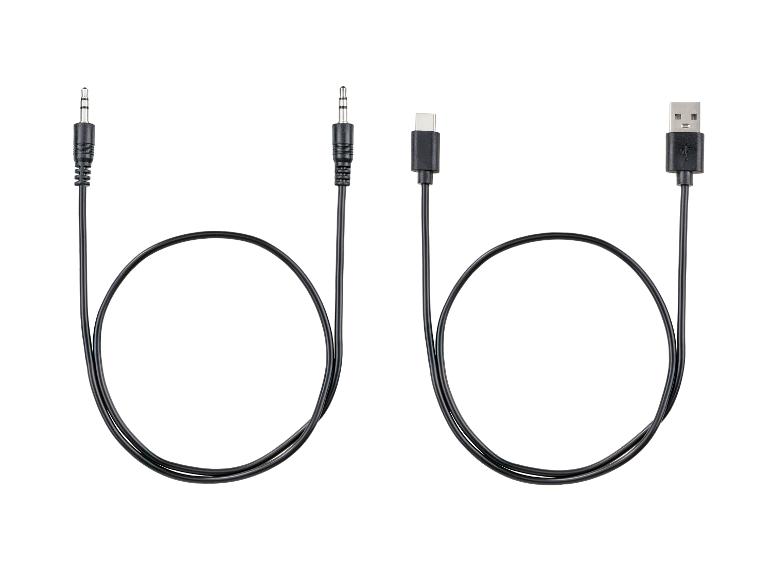 Zwei schwarze Kabel: eines mit 3,5-mm-Klinkensteckern, eines mit USB-C und USB-A.