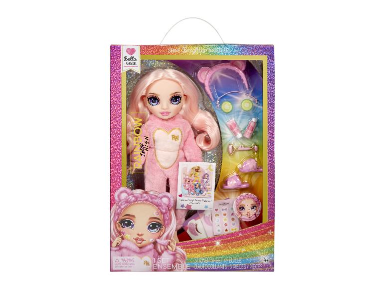 Rainbow High Junior Bella Parker Puppe im rosa Pyjama mit Pyjama-Party-Zubehör.