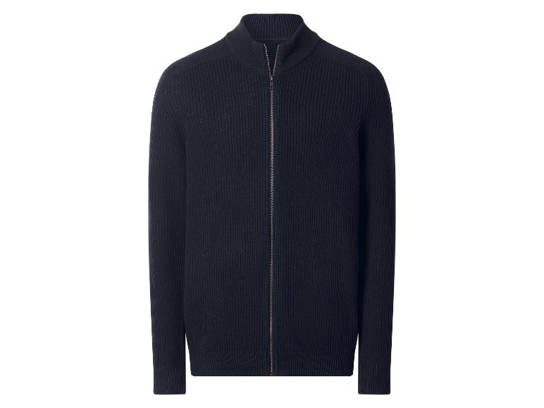 Dunkelblaue Strickjacke für Herren mit Reißverschluss und Stehkragen.