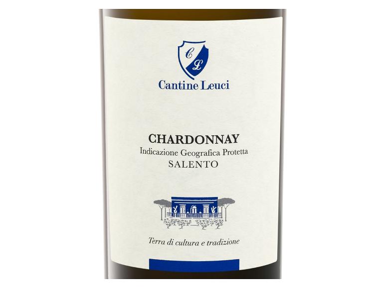 Chardonnay-Weinetikett mit dem Text „Indicazione Geografica Protetta Salento“.
