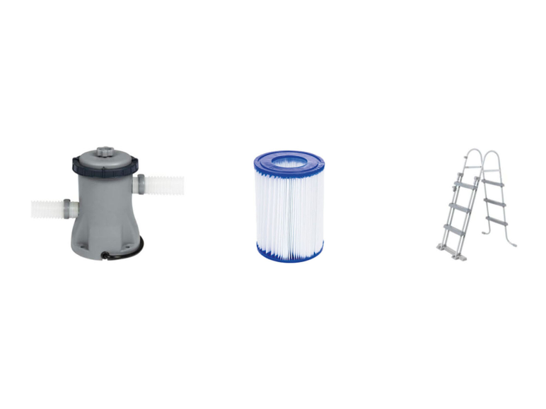Poolfilterpumpe, Kartuschenfilter und Poolleiter.
