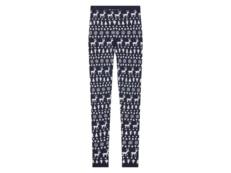 Dunkelblaue Leggings mit weißem Weihnachtsmuster aus Rentieren, Bäumen und Schneeflocken.