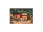 Weihnachts-Spielzeugeisenbahn mit dekorierten Waggons, Geschenken und Weihnachtsbaum im Hintergrund.