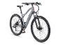 Graues E-Mountainbike mit schwarzen Reifen und Federung, auf weißem Hintergrund.