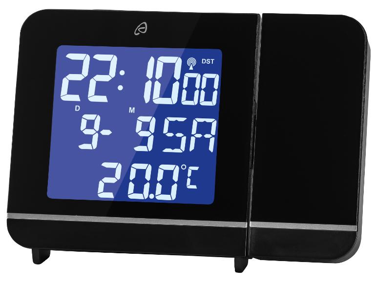 Schwarzer digitaler Wecker mit Projektor und LCD-Anzeige.