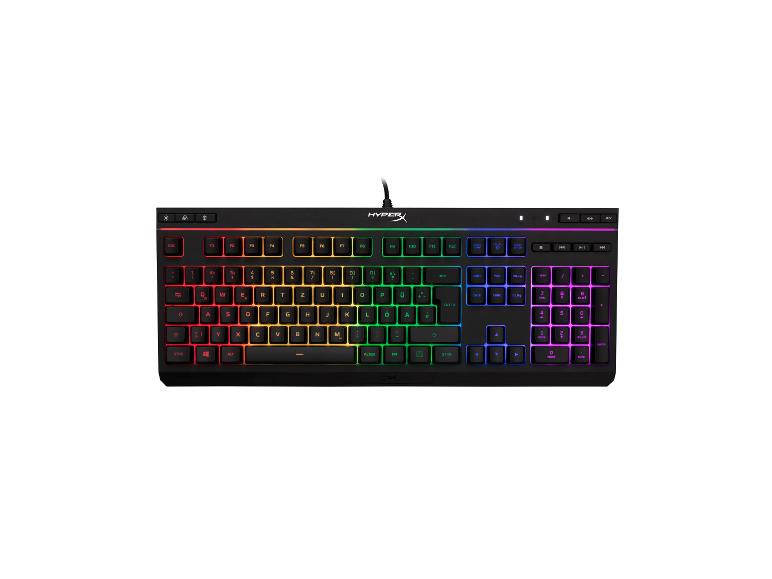Schwarze Gaming-Tastatur mit regenbogenfarben beleuchteten Tasten