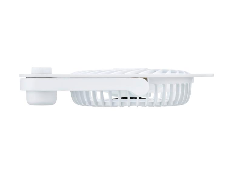 Weißer tragbarer Clip-Ventilator, Seitenansicht.