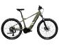 Olivgrünes E-Mountainbike mit goldenen und weißen Akzenten, ausgestattet mit Offroad-Reifen.