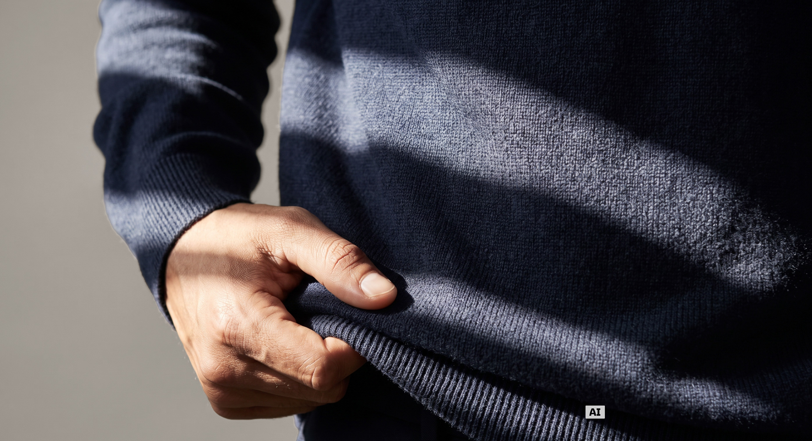 Dieses Bild ist KI-generiert: Ein männliches Model trägt den Pullover in der Farbe Blau.