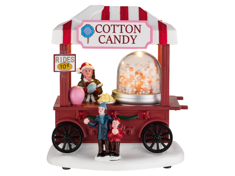 Dekorativer Zuckerwattewagen mit Figuren und der Aufschrift „Cotton Candy“.