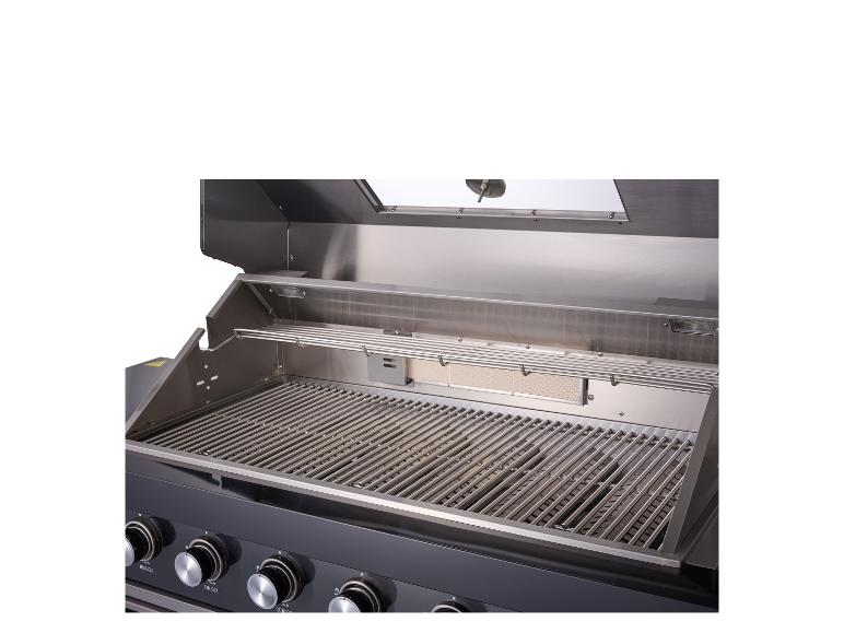Offener Edelstahl-Gasgrill mit Rosten und Bedienknöpfen