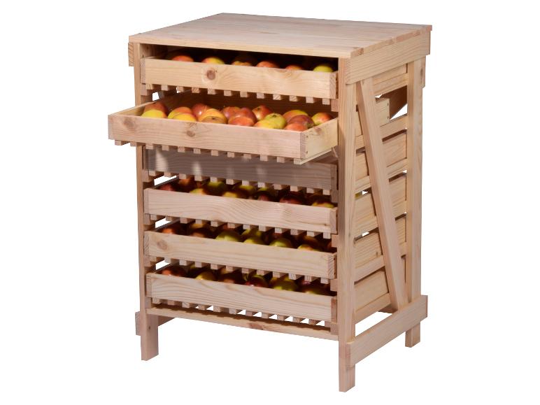 Holzschrank mit sechs Schubladen voller Äpfel, eine Schublade ist geöffnet.