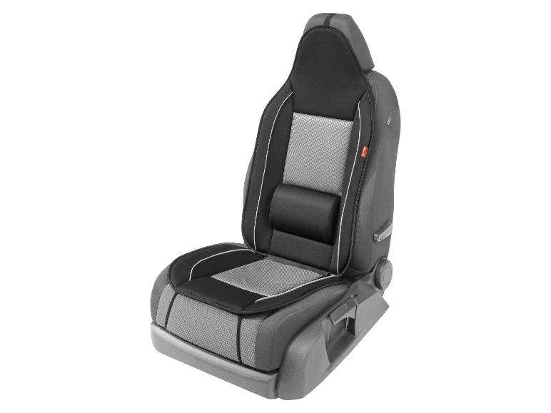 Schwarze und graue Autositzbezüge mit integrierter Kopfstütze.