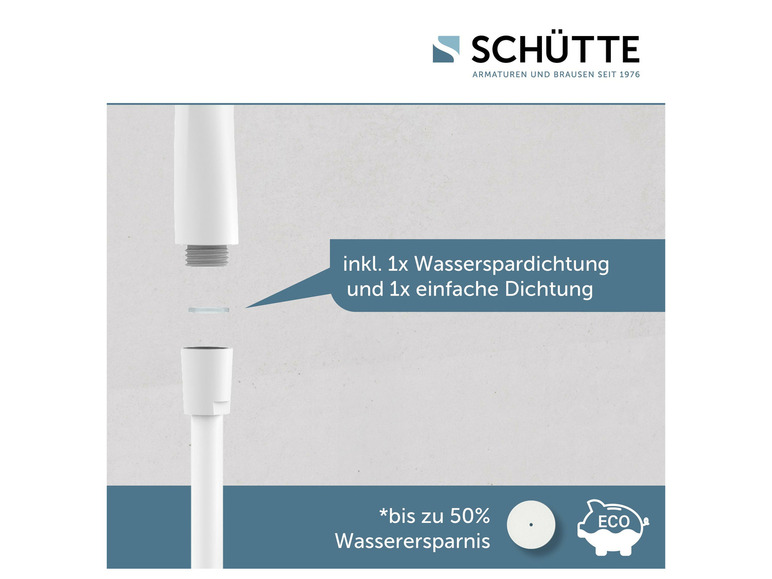 Eine weiße Duschstange von Schütte mit einer wassersparenden Duschbrause.