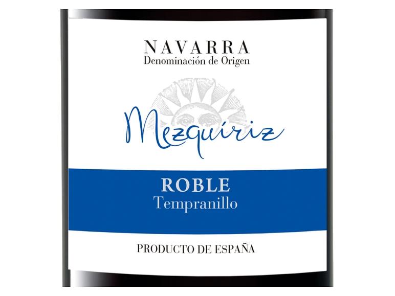 Etikett für Navarro Mezquiriz Roble Tempranillo Rotwein, Produkt aus Spanien.